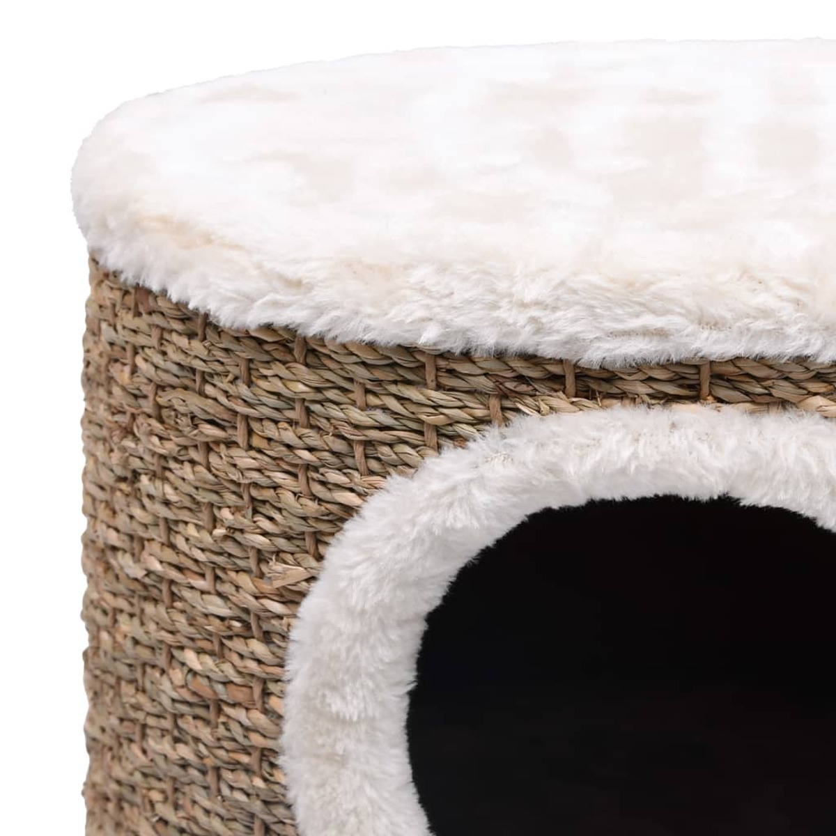 Katzenbett, gewebte braune Seiten, flauschiger weißer Rand.
