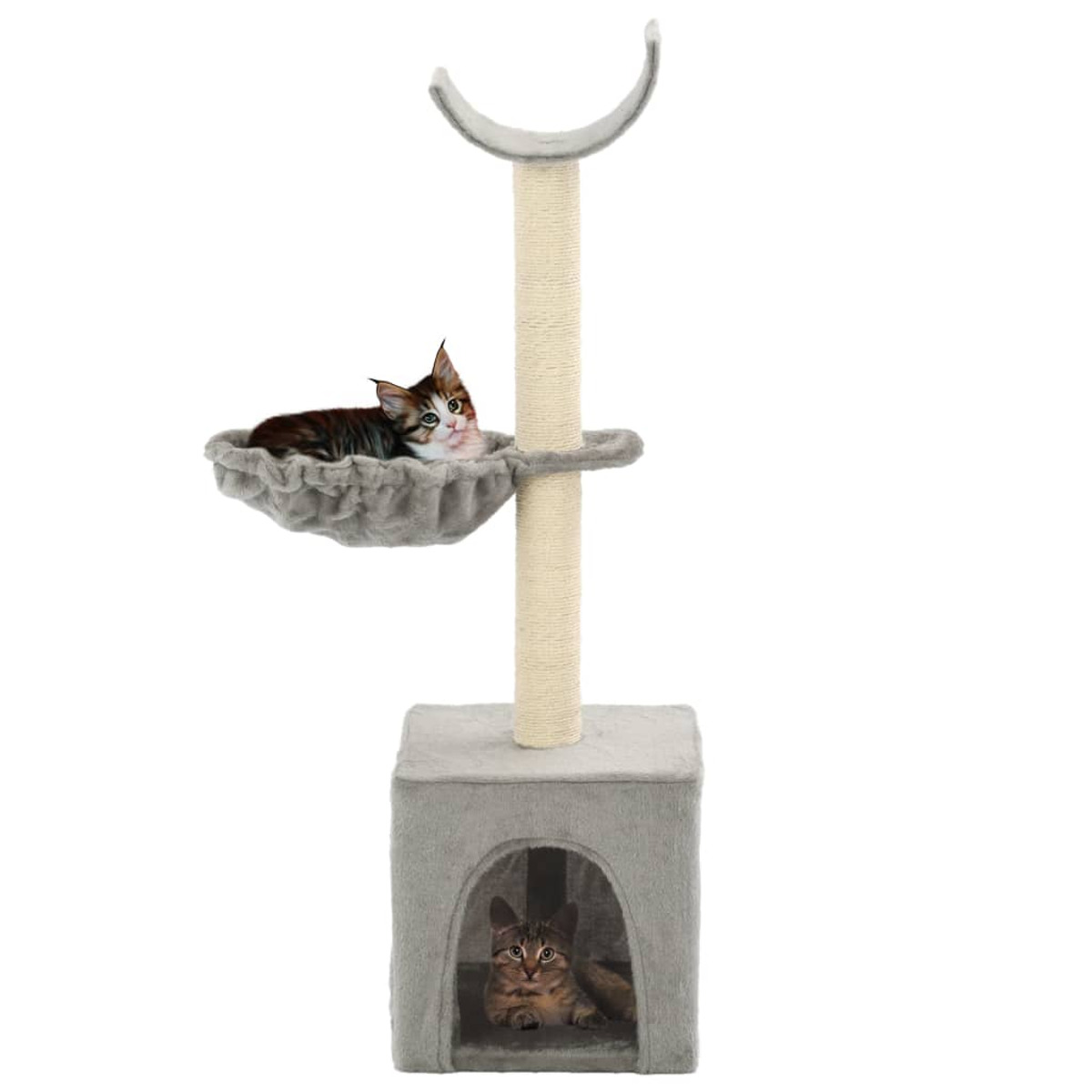 Eine Katze in einem Katzenbaum. Eine Katze im Korb und eine andere in der Höhle.