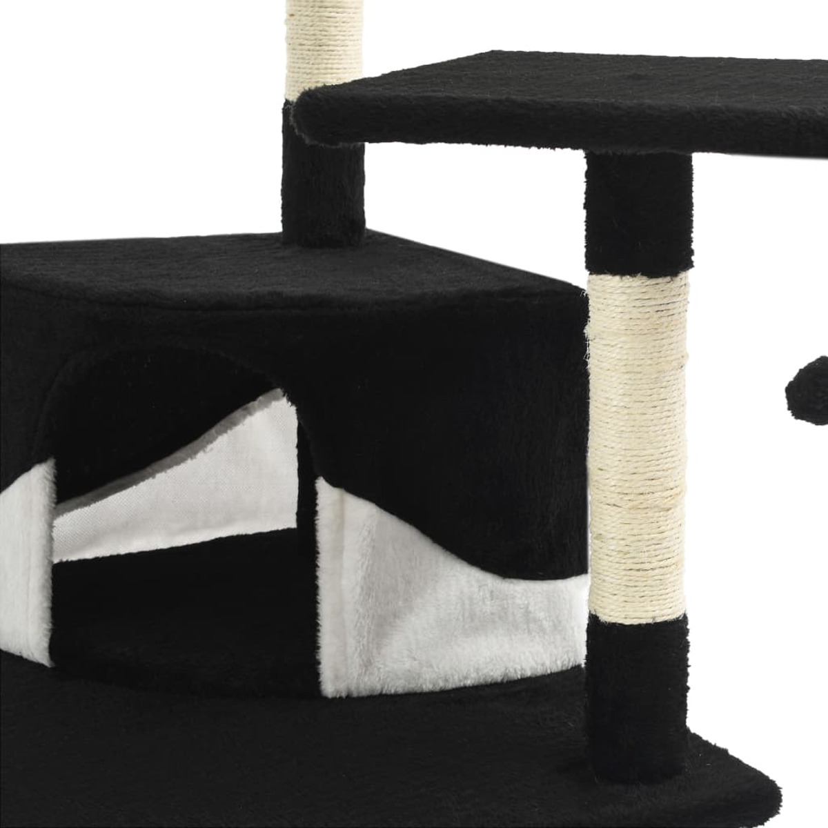 Ein schwarz-weißer Katzenbaum mit mehreren Ebenen. Er hat ein Haus, Kratzpfosten und einen Ball.