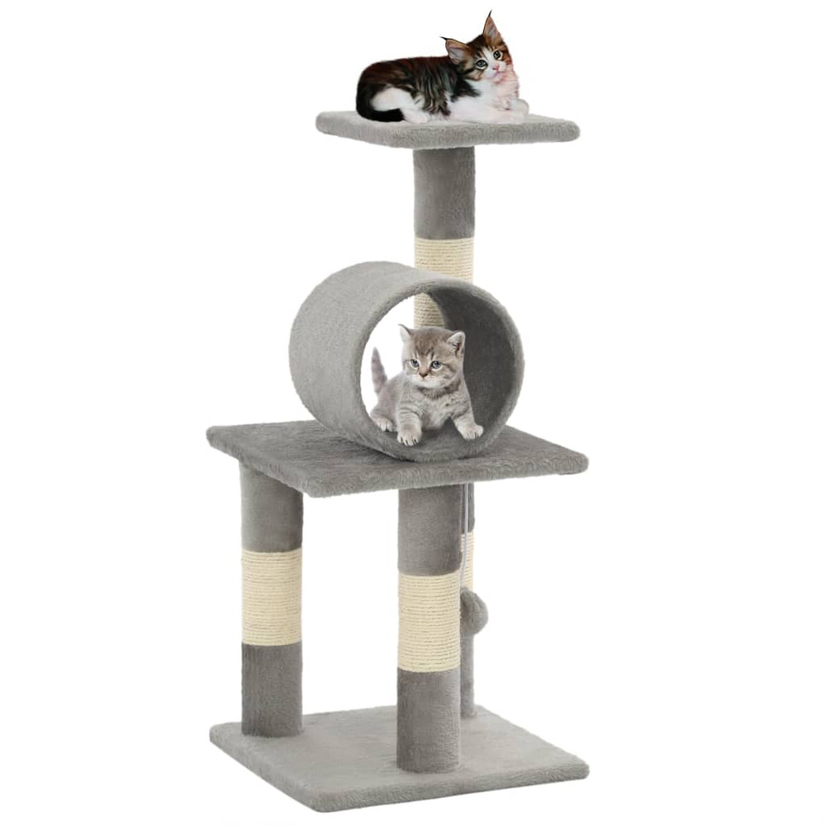 Ein Katzenbaum mit drei Ebenen, mit Kätzchen oben und in der Mitte.