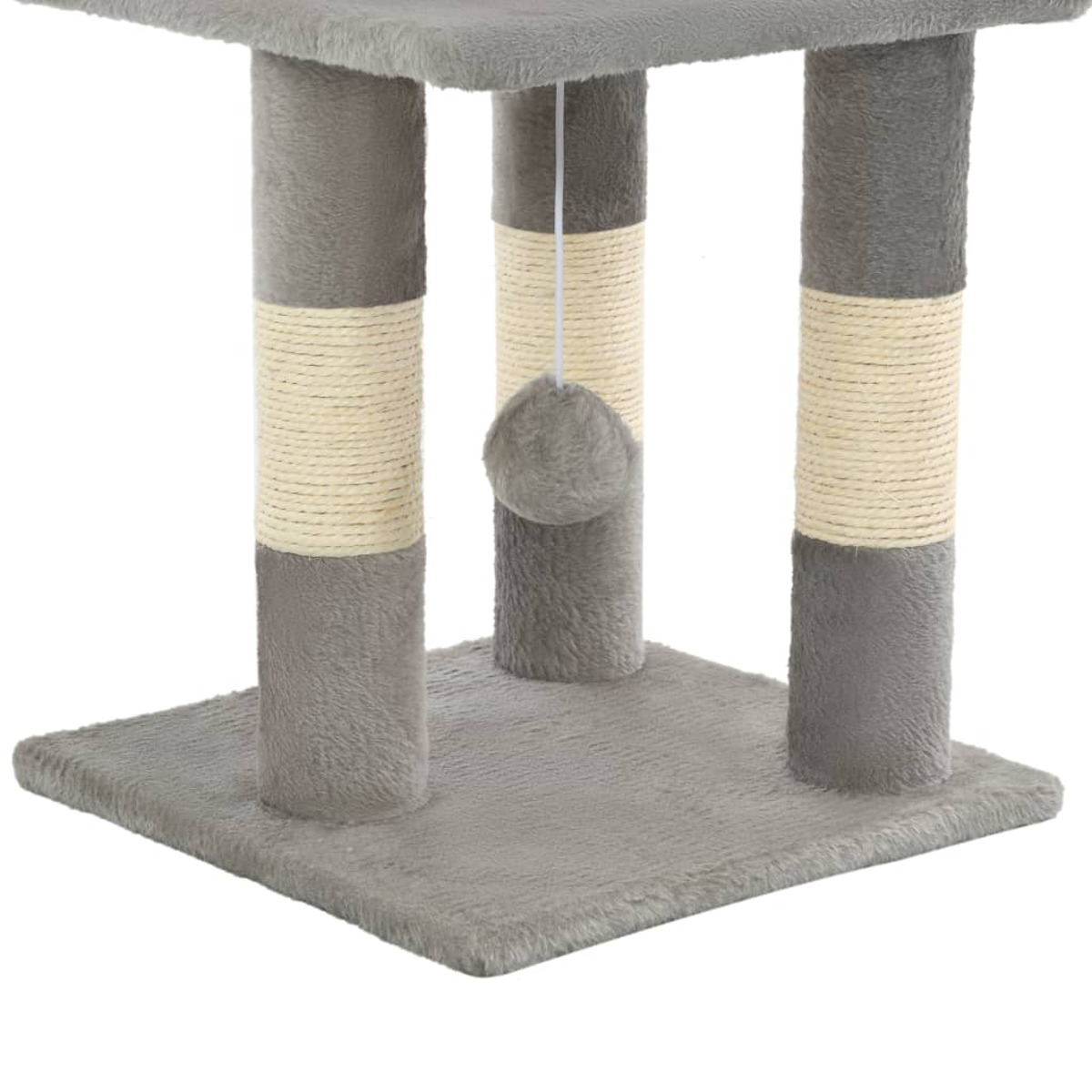 Katzenbaum mit grauen und beigen Säulen, einer hängenden Kugel und grauen Plattformen.