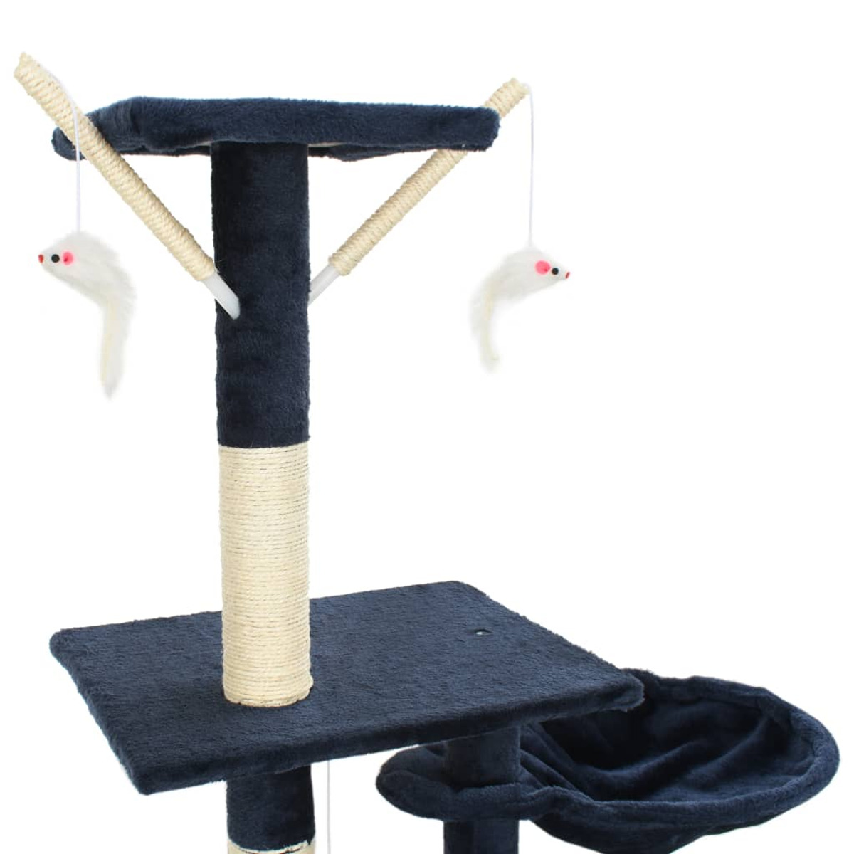 Katzenbaum mit dunkelblauem Sockel und Plattformen, zwei Hängespielzeugen und einem Bett.