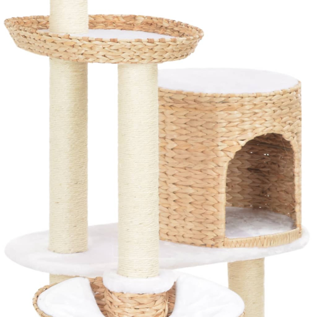 Ein Katzenturm mit mehreren Plattformen. Es gibt gewebte Körbe, einen Unterschlupf und eine Plüsch-Oberplattform.