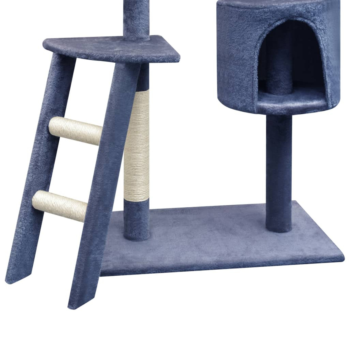 Ein blauer Katzenbaum mit Leiter, einem Katzenhaus oben und einem Kratzbaum.