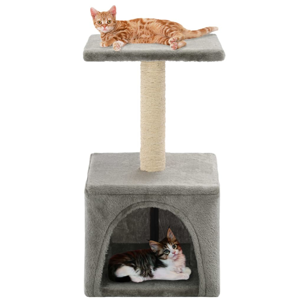 Ein Katzenbaum mit zwei Katzen, eine im Haus und eine oben.