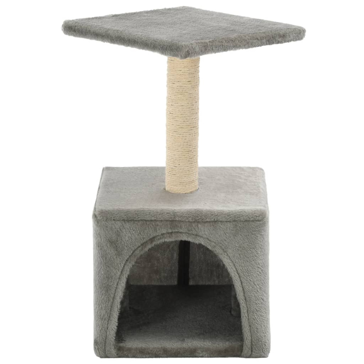 Katzenbaum mit grauem Sockel und Plattform. Die obere Plattform hat einen zentralen Pfosten.