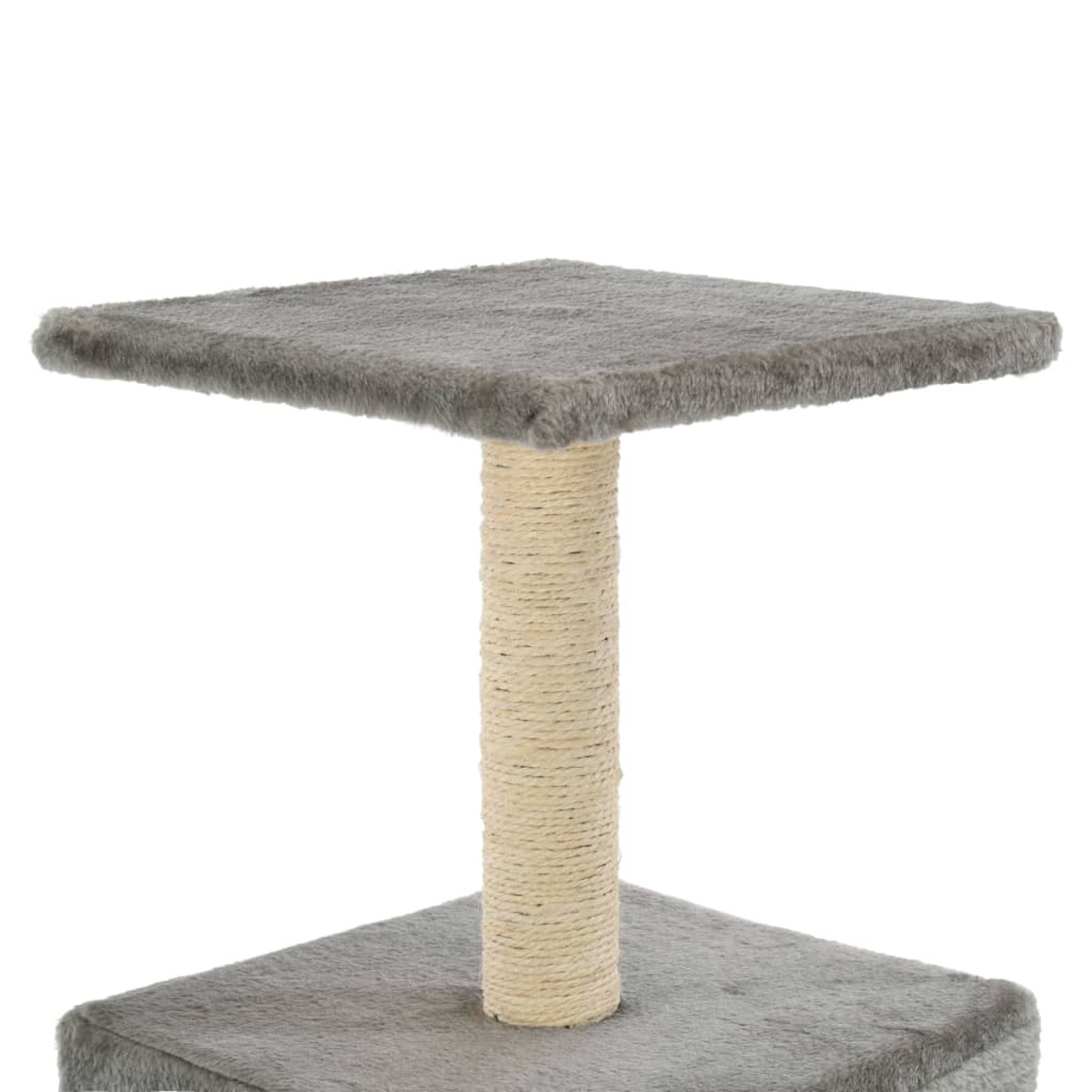 Obere Plattform des Katzenbaums mit grauer Plüschoberfläche. Der Pfosten ist mit beigem Seil umwickelt.