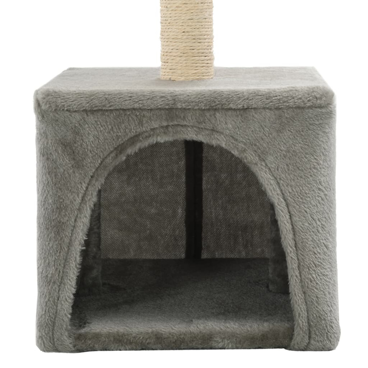 Ein graues Katzenhaus mit kubischer Form, rundem Eingang und Seilpfosten oben.