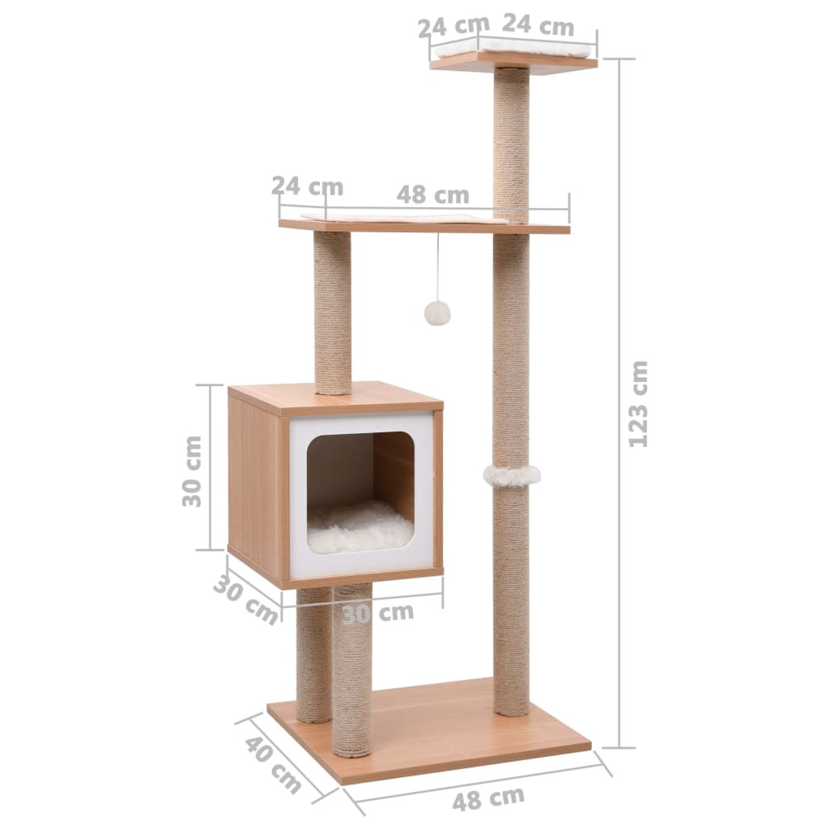Ein hoher Katzenbaum mit mehreren Ebenen, einem Haus und Kratzbäumen. Beige und braune Farben sind sichtbar.