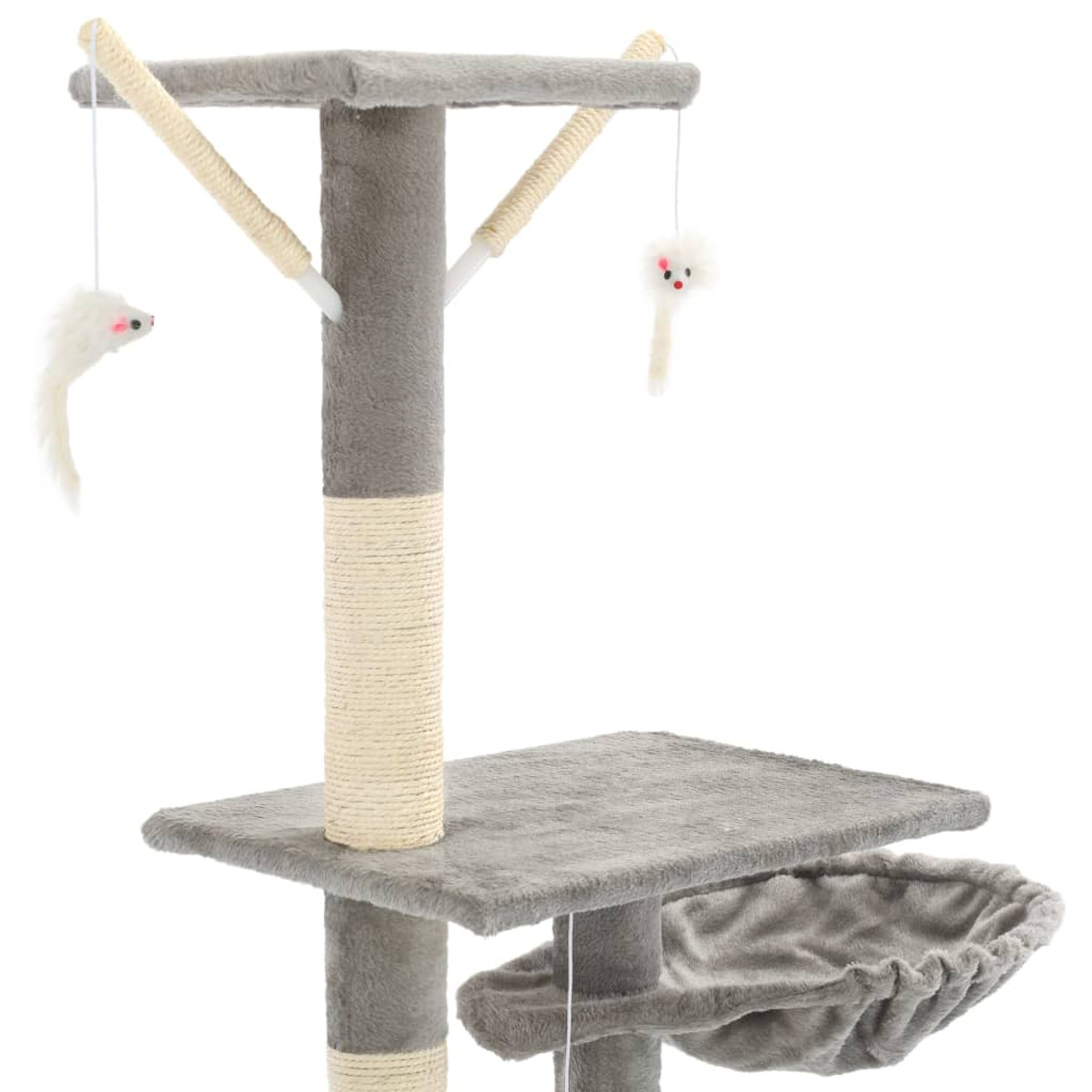 Katzenbaum mit hängendem Spielzeug. Graue Plattformen und ein Korb. Seilumwickelte Pfosten.