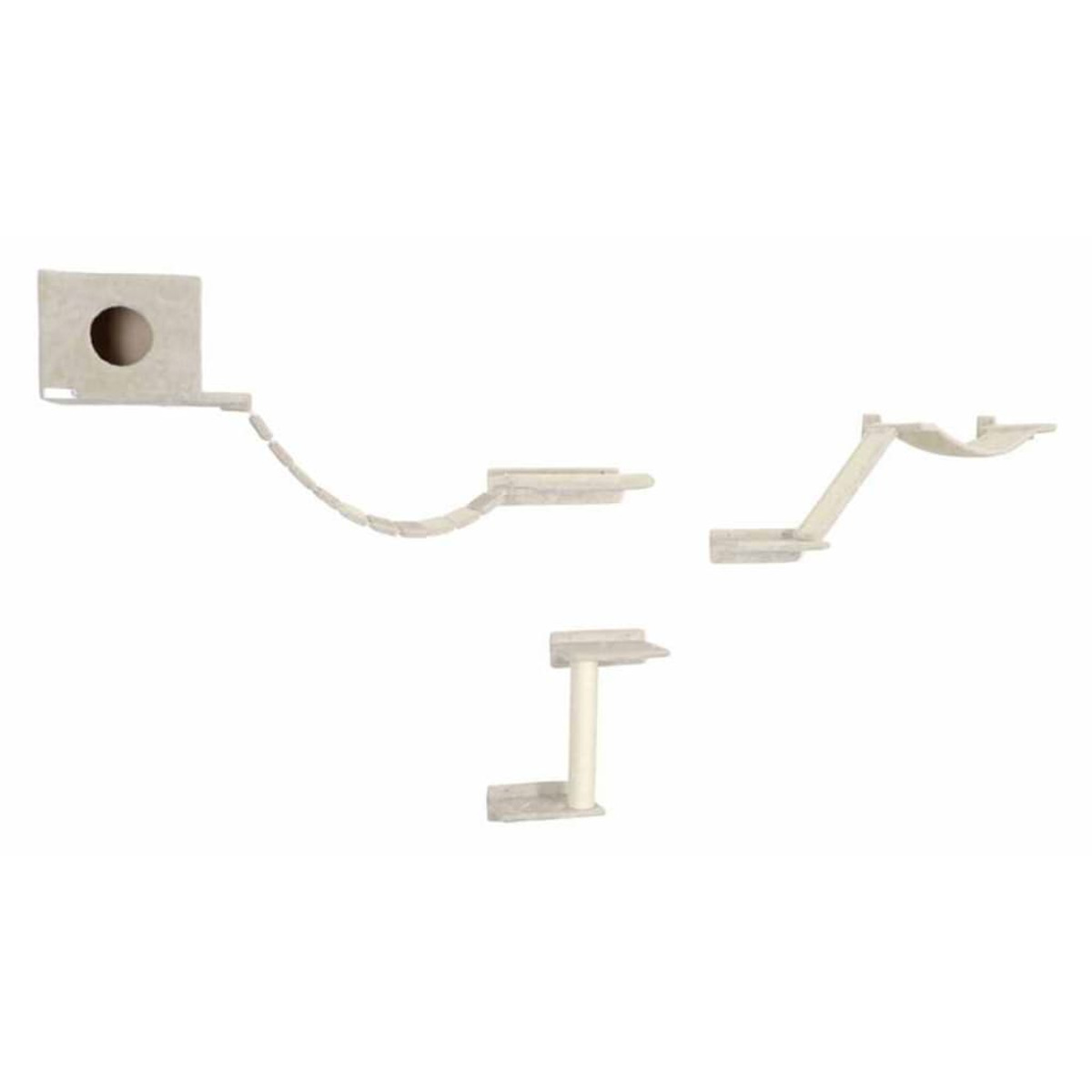 Katzen-Kletterregale. Die Regale sind beige und an der Wand befestigt. Verschiedene Formen und Größen.