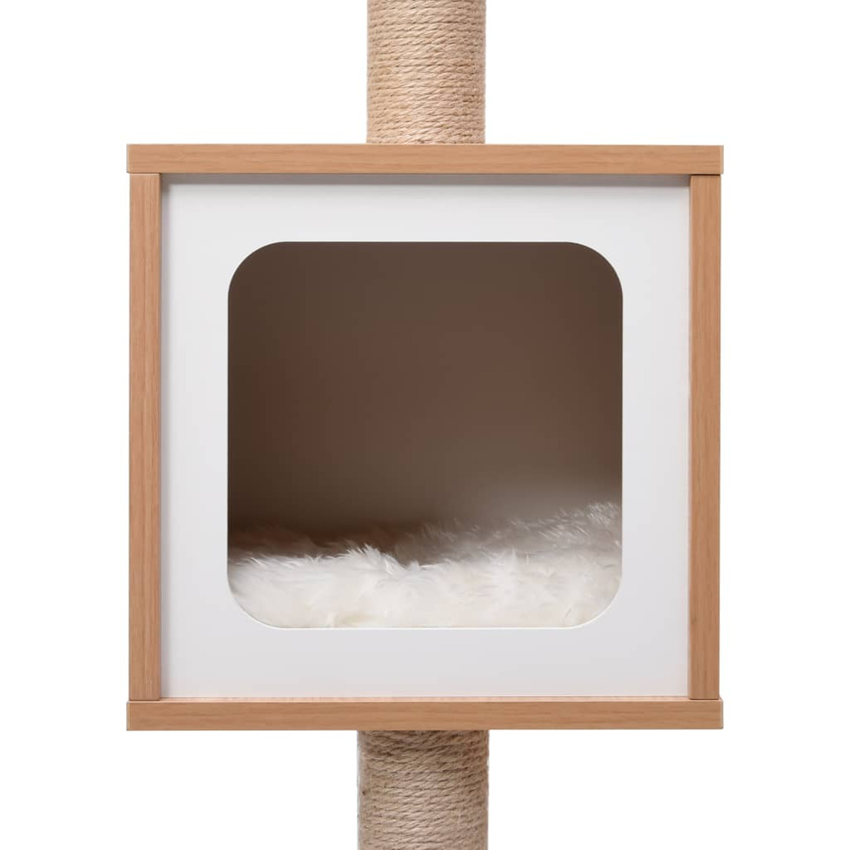 Katzenbaumhaus auf Pfahl. Quadratisches Haus mit Öffnung, weißes Fell innen. Holz- und Seiltextur.