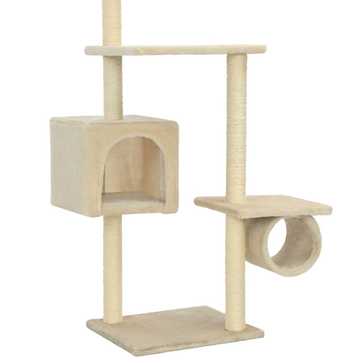 Beiger Katzenbaum mit mehreren Plattformen, einem Katzenhaus und Kratzpfosten.