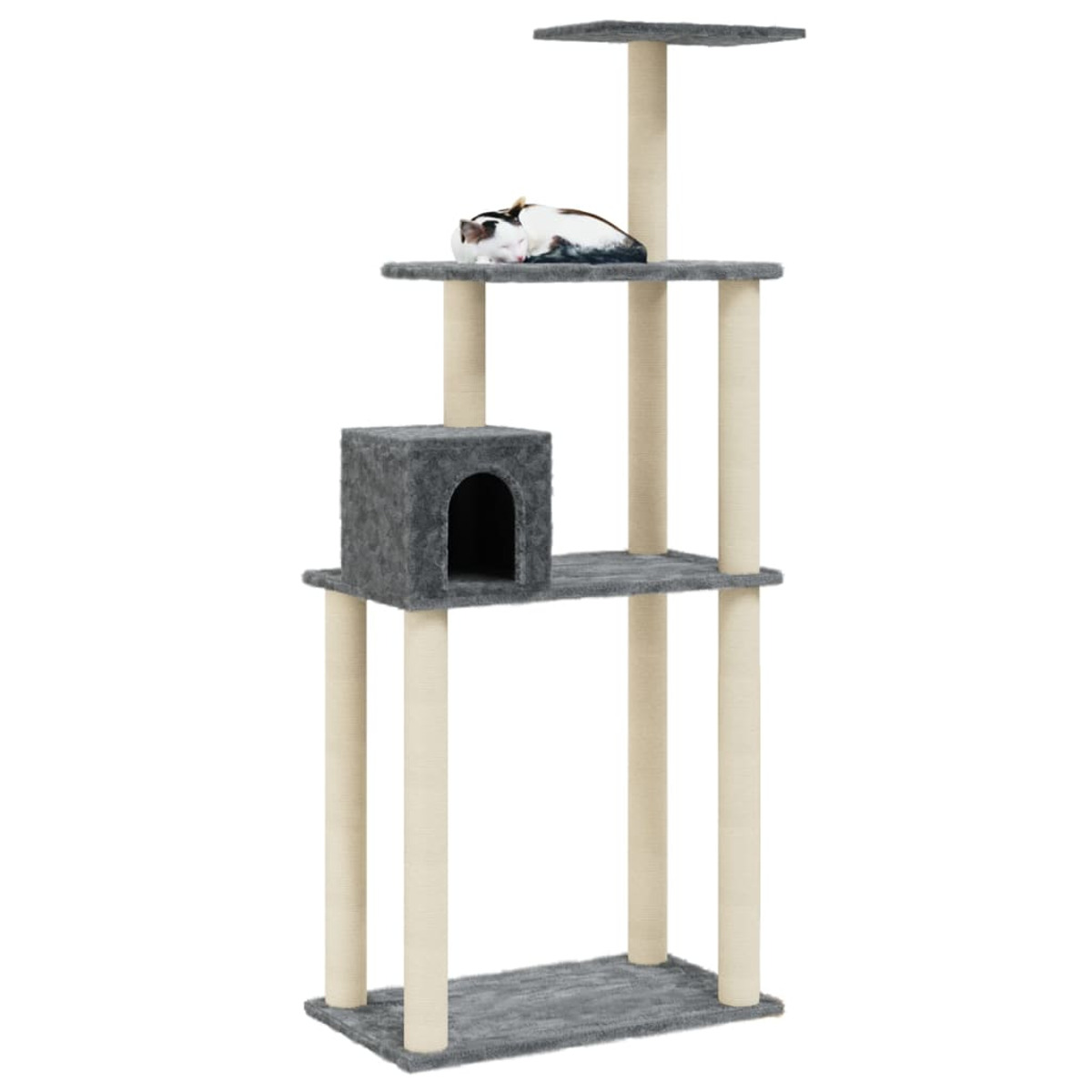 Katzenbaum mit mehreren Ebenen. Eine Katze schläft auf der obersten Ebene.