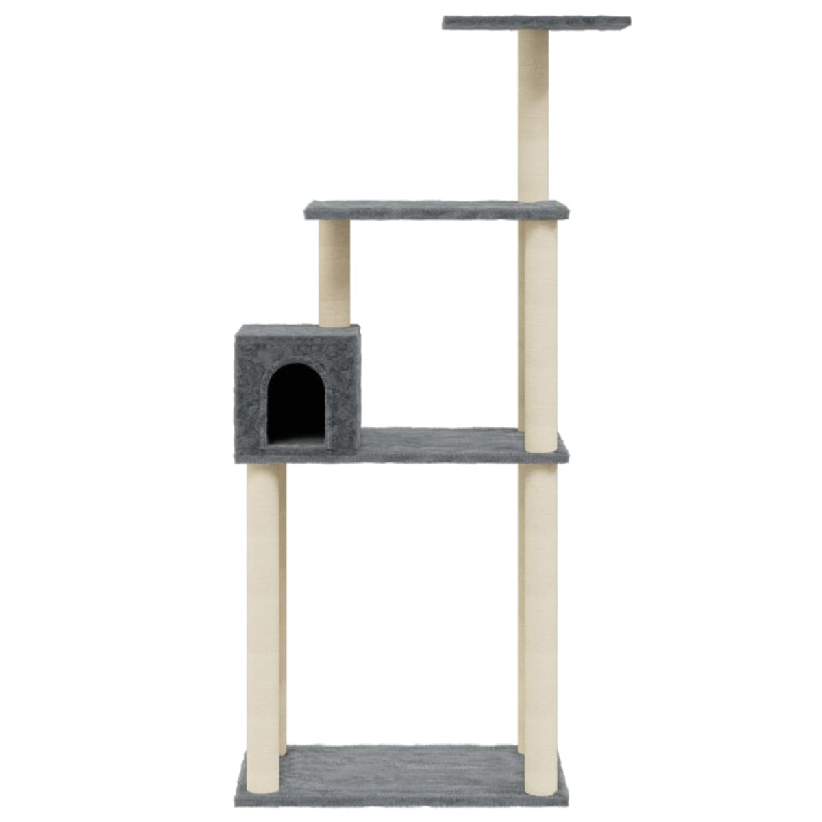 Hoher Katzenbaum mit mehreren Plattformen, einem würfelförmigen Katzenhaus und beigen Säulen.