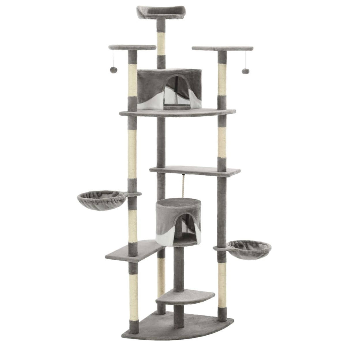 Grauer Katzenbaum mit Plattformen, Hängespielzeug und einem Versteck. Beige und graue Farben.