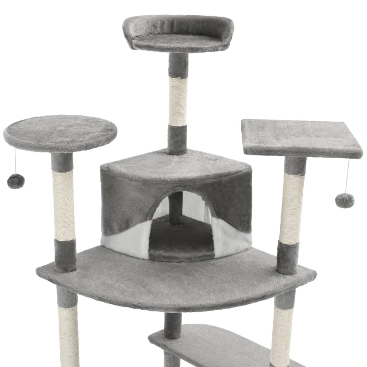 Mehrstöckiger Katzenbaum mit Plattformen, Höhle und hängendem Spielzeug.