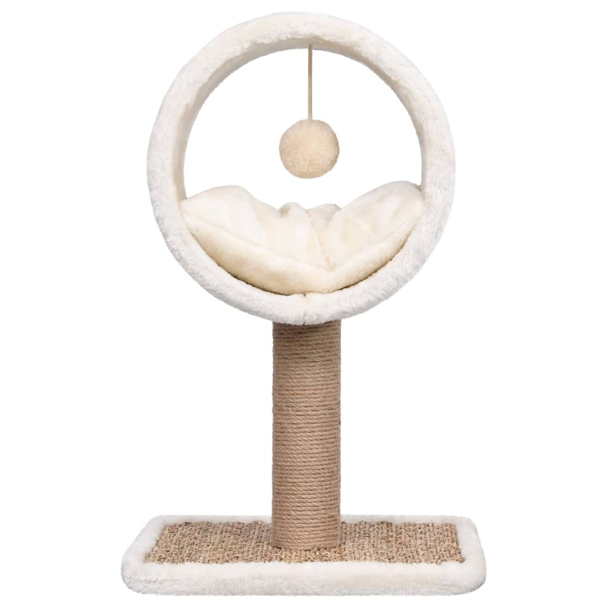 Katzenbaum mit Plüschbett, Ball und Kratzbasis. Weißer Hintergrund.