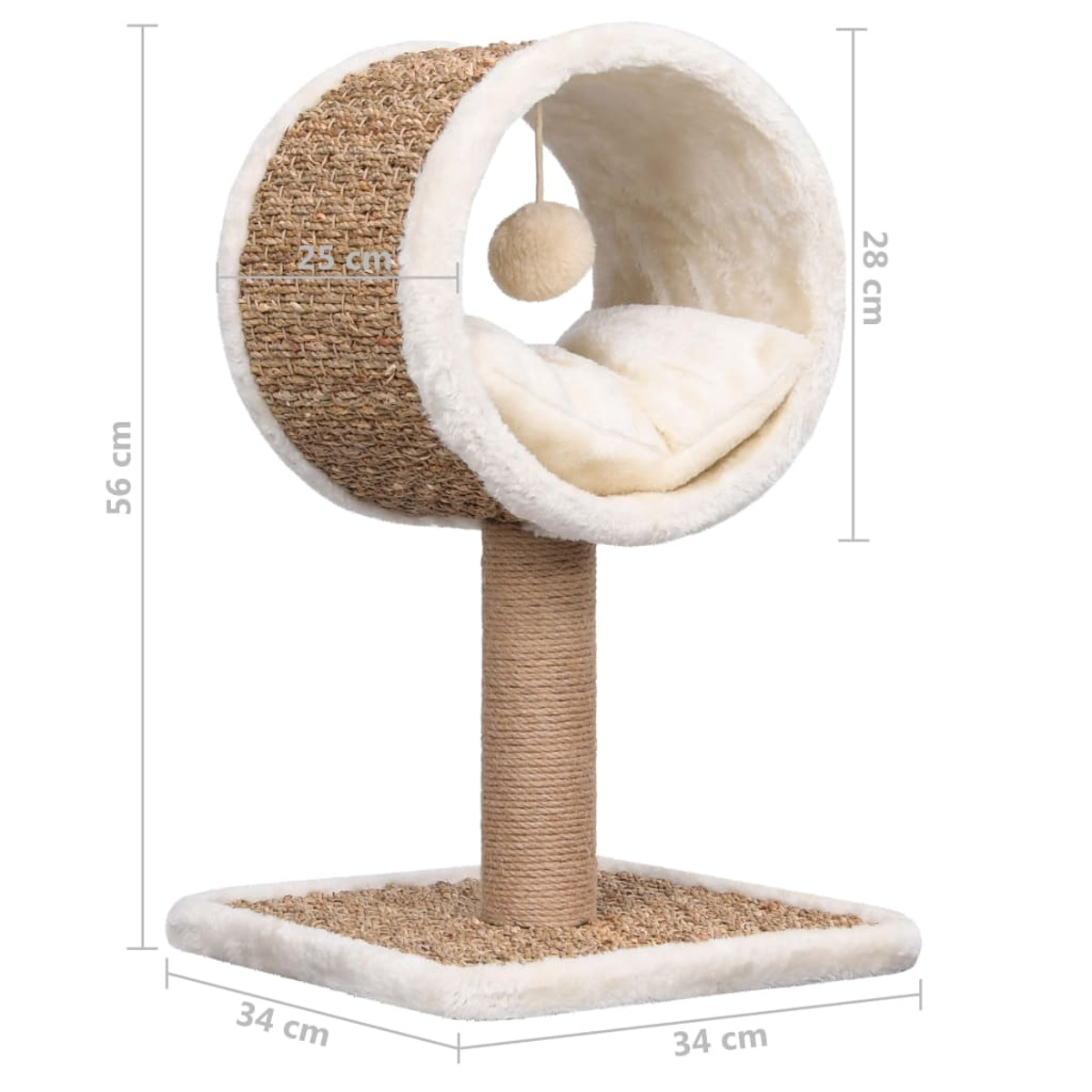 Katzenbaum mit Maßen. Enthält ein Bett, einen Kratzbaum und eine Basis.