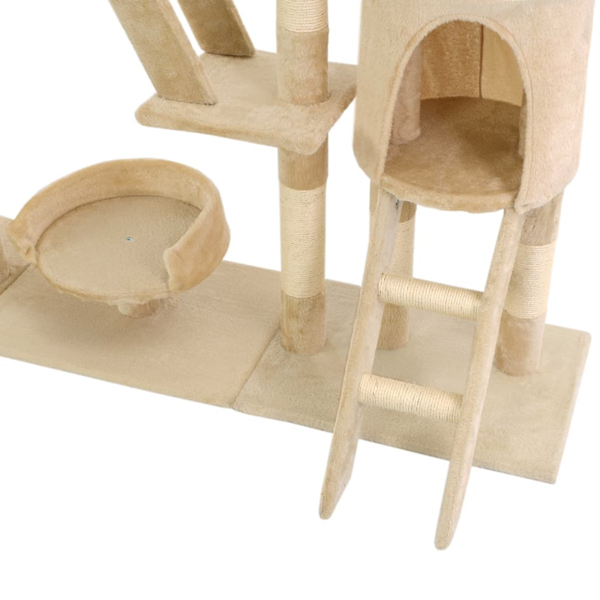 Beiger Katzenbaum mit mehreren Plattformen, einer Höhle, einer Leiter und einem katzenförmigen Bett.