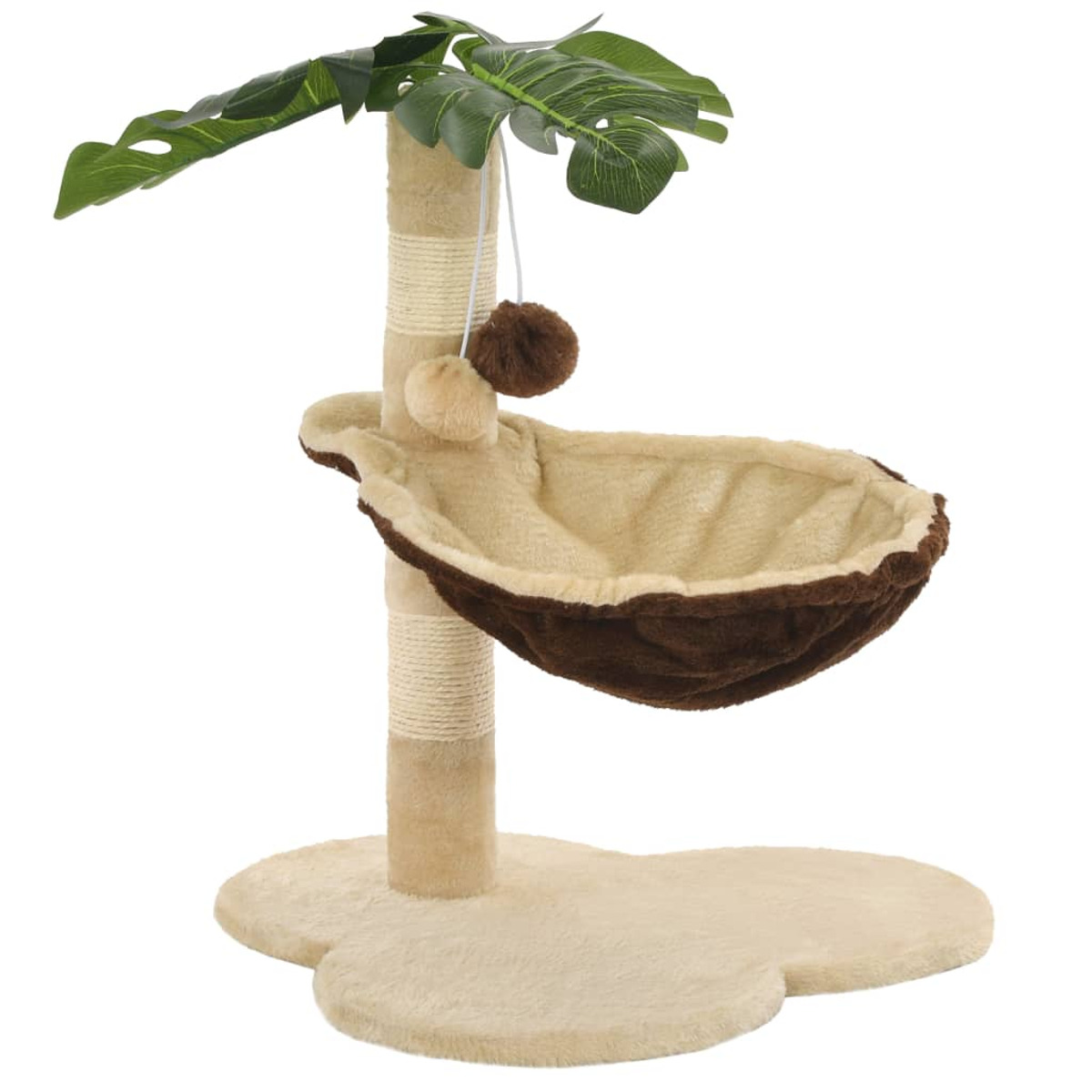 Katzenbaum mit Hängematte, Blättern und Kratzbaum. Beiger Sockel, braune Hängematte.