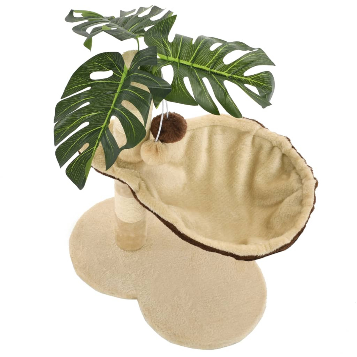 Katzenbaum mit beigem Sockel, Kissen und grünen Blättern.