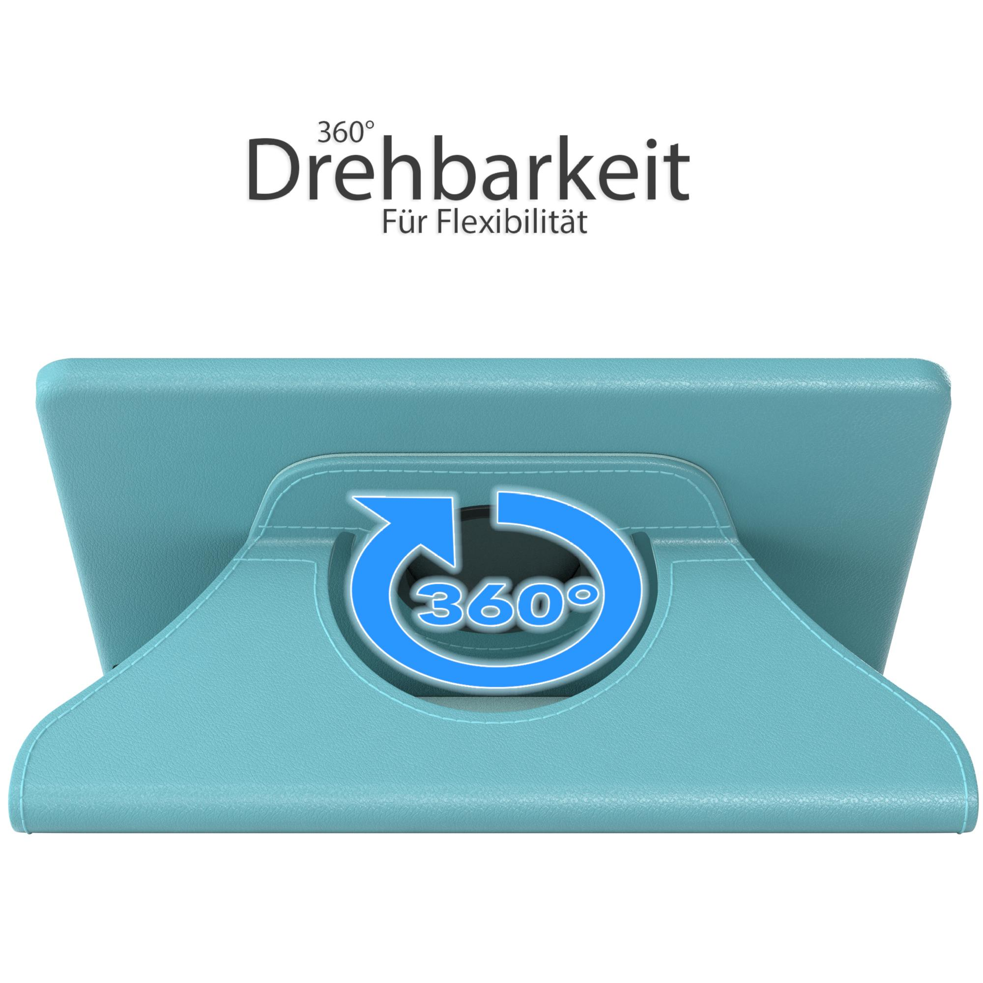 Blaue Tablethülle mit 360-Grad-Drehfunktion. Der Text Drehbarkeit für Flexibilität.