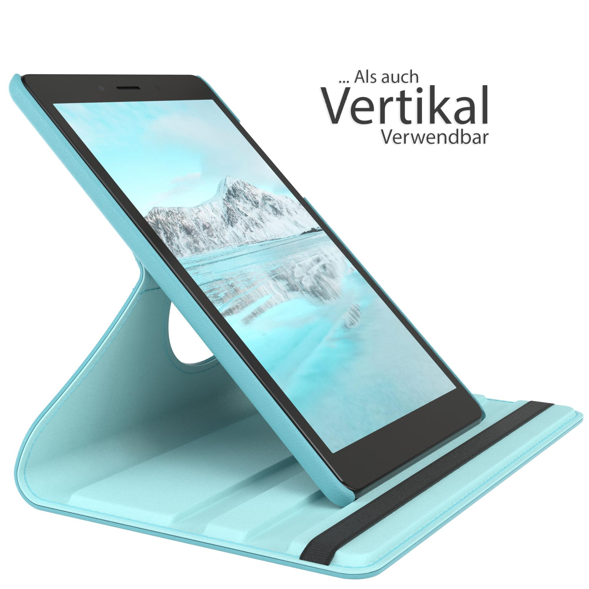 Tablet in blauem Gehäuse, zum Gebrauch aufgestellt. Weißer Hintergrund. Text oben.