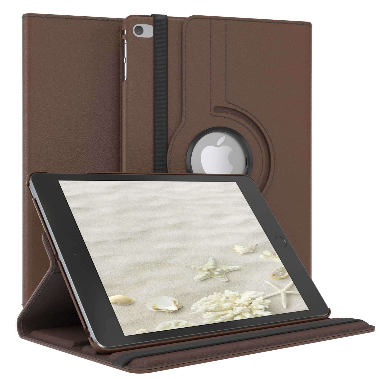 Braune Tablettasche mit Tablet. Tablet zeigt Strand mit Muscheln.
