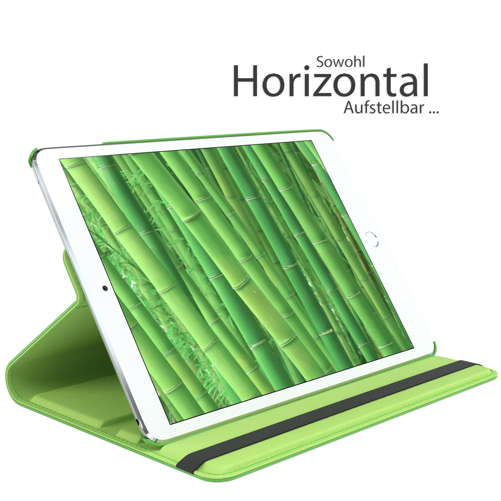 Tablet in grüner Hülle, offen. Bambusbild auf dem Bildschirm. Schwarzer Streifen.