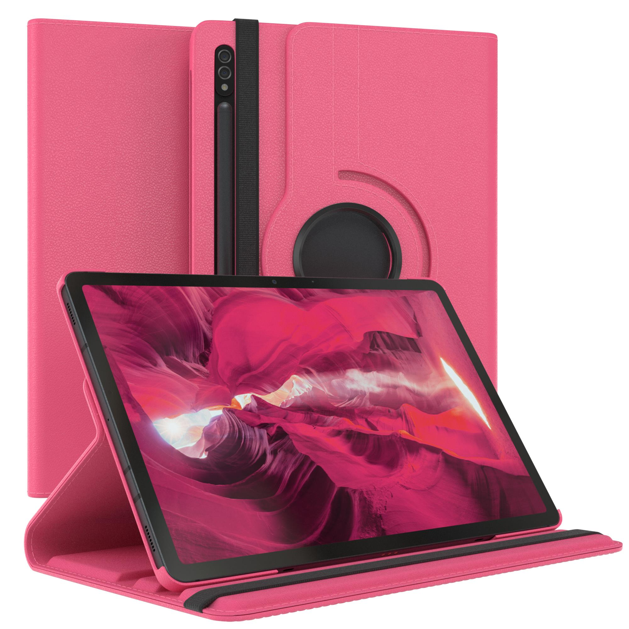 Rosa Tablethülle mit Tablet. Ein schwarzer Stift liegt neben dem Tablet.