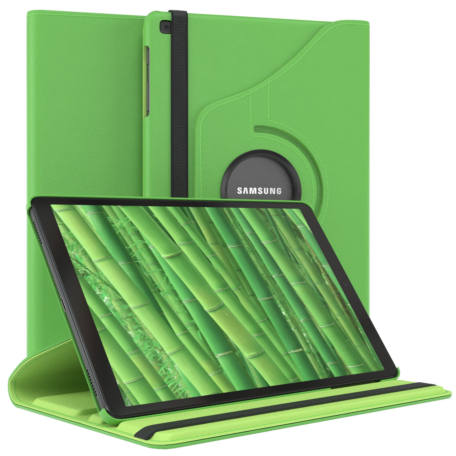Grünes Tablet in grüner Hülle. Der Bildschirm zeigt Bambus.