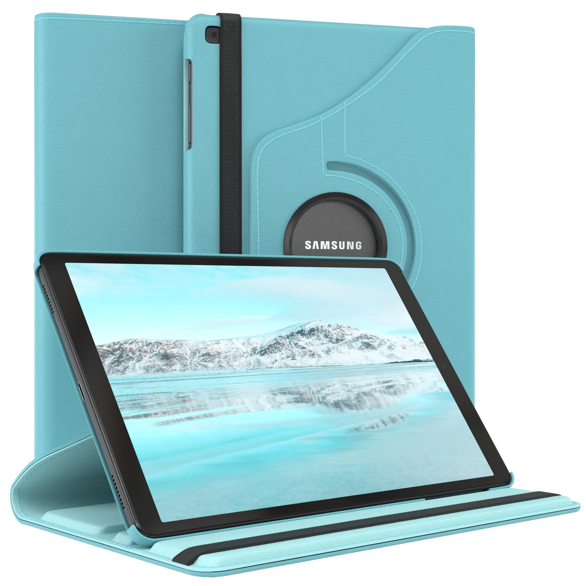 Eine blaue Tablethülle, offen, mit dem Tablet darin. Die Hülle hat eine Drehfunktion.