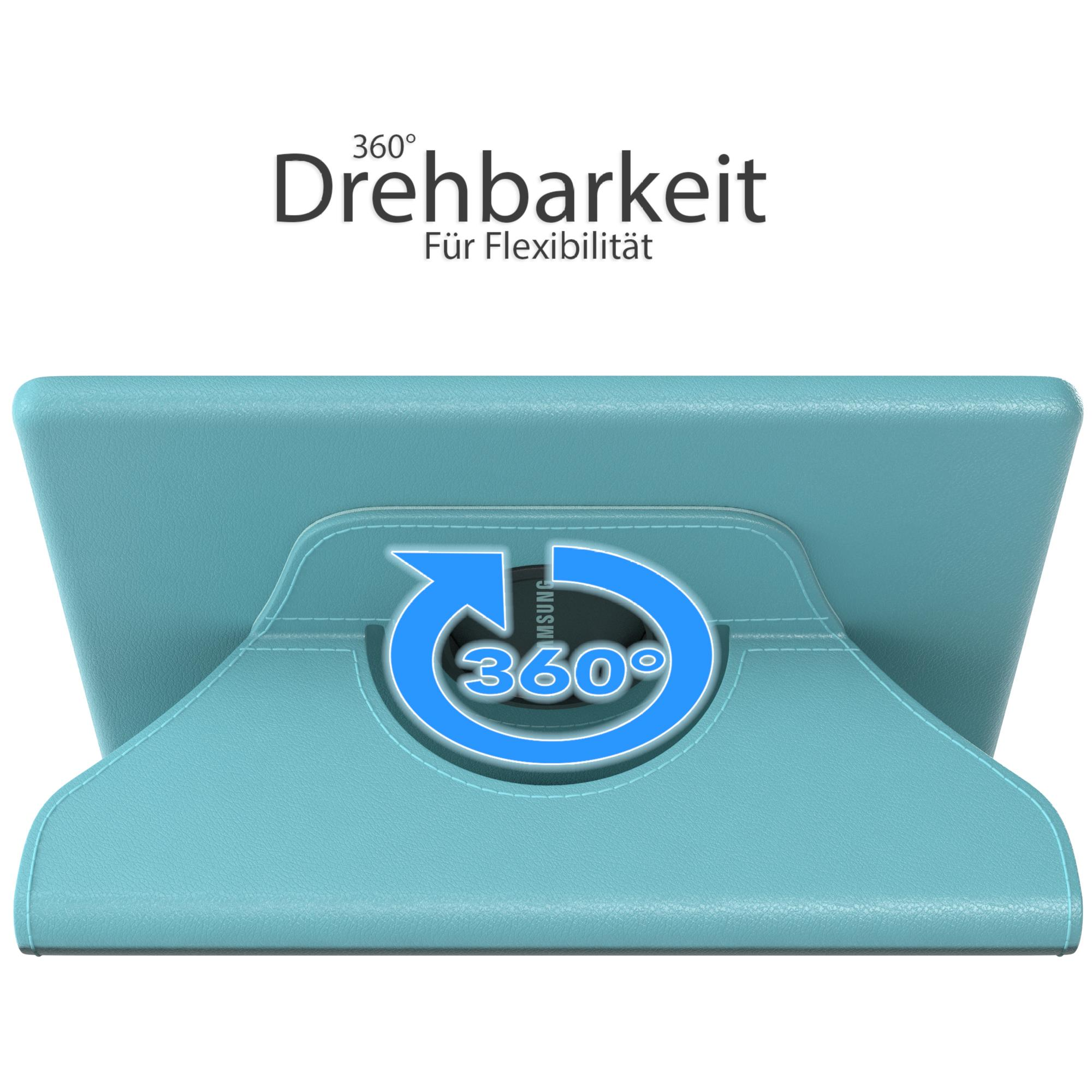 Eine türkisfarbene Tablethülle mit 360-Grad-Drehfunktion, mit einem blauen Pfeilsymbol.