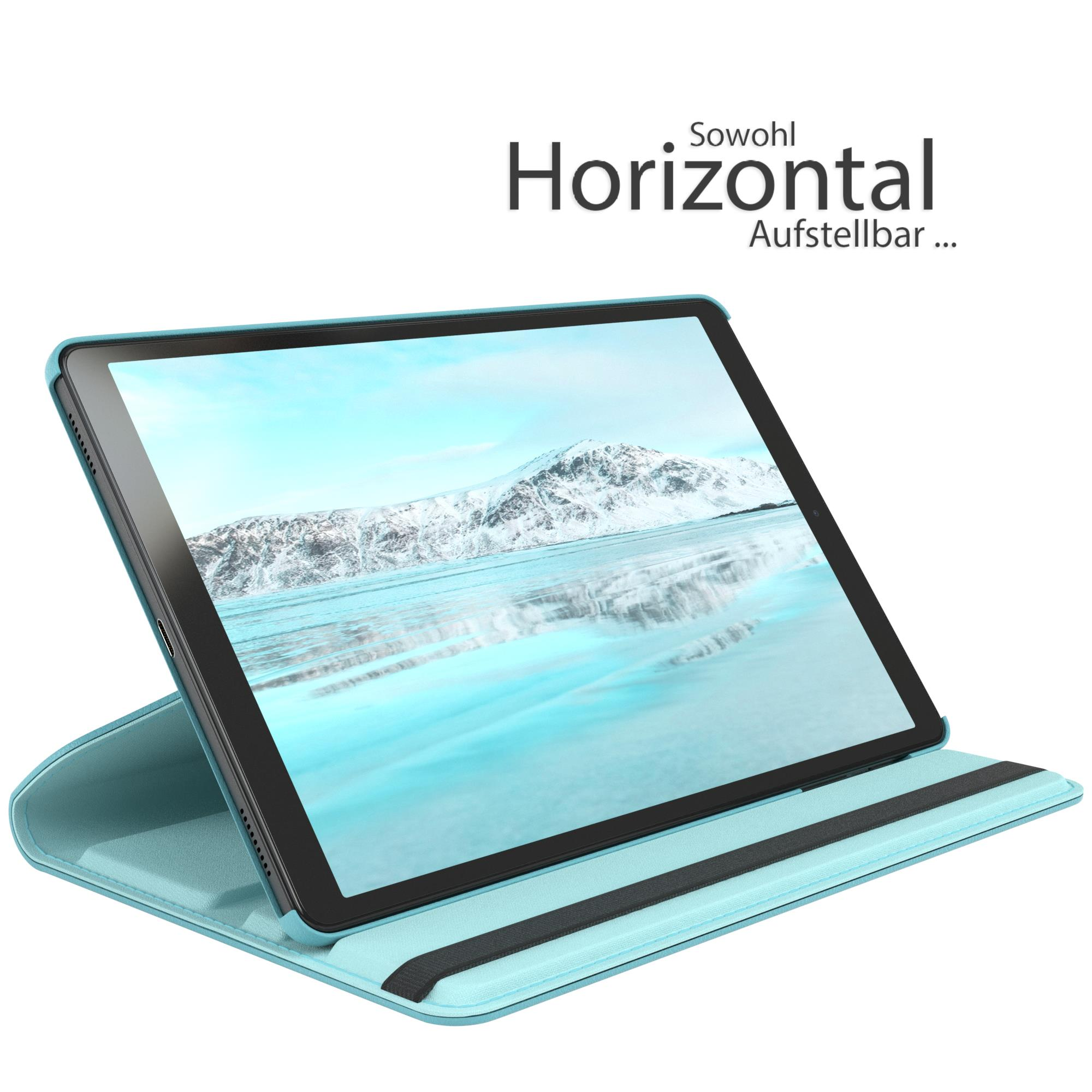 Tablet in tealfarbener Hülle, geneigt. Text: 'Horizontal'. Hintergrund: schneebedeckte Berge und Himmel.