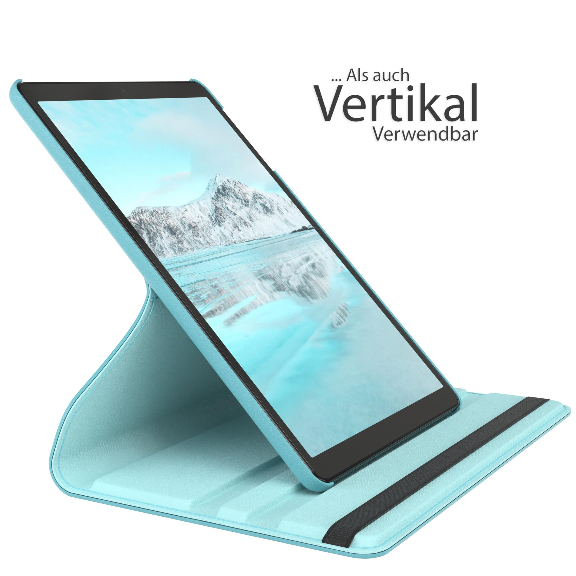 Tablet in hellblauer Hülle, abgewinkelt, mit Berglandschaft auf dem Bildschirm.
