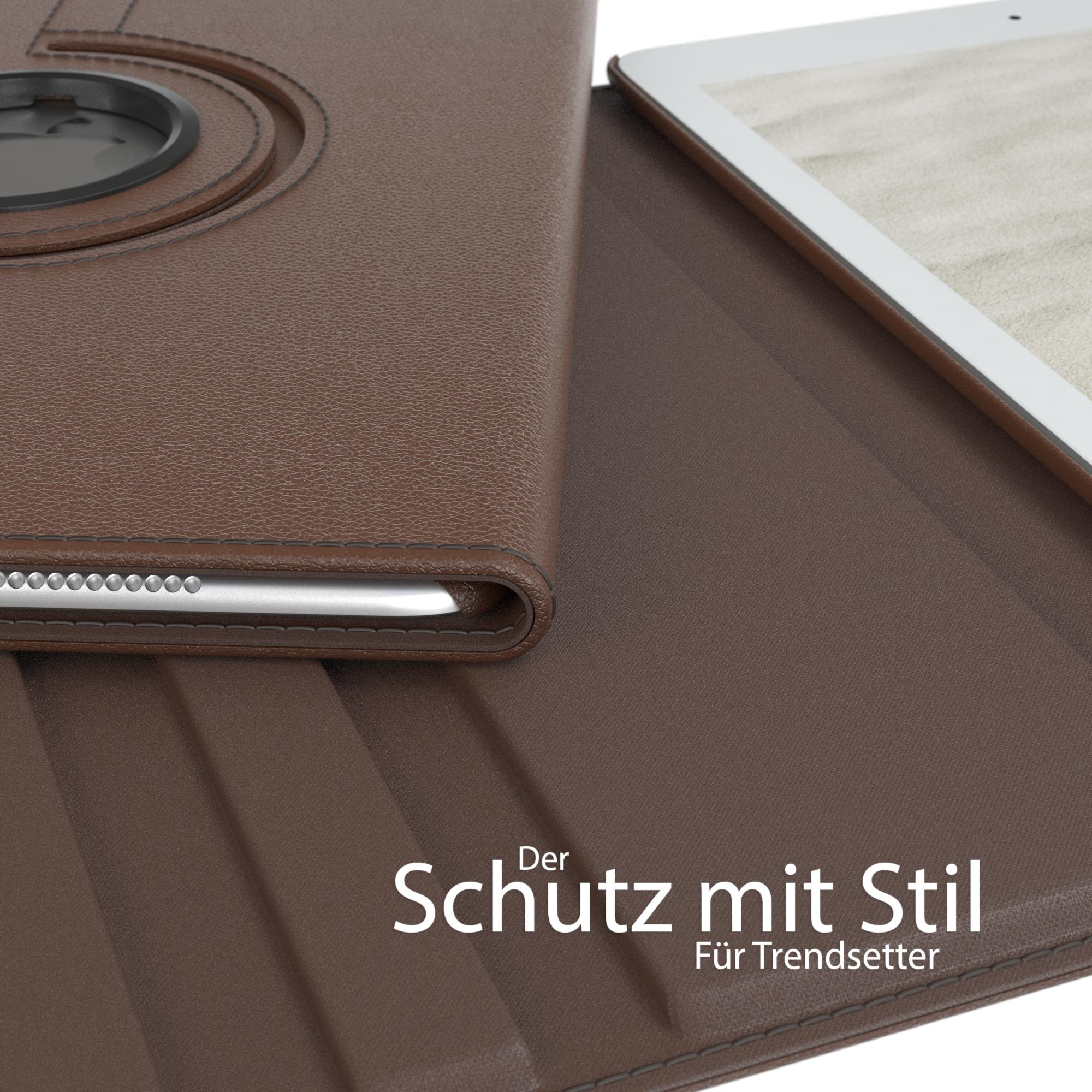 Braune Tablet-Hülle mit drehbarer Kamera und einem Tablet im Inneren.