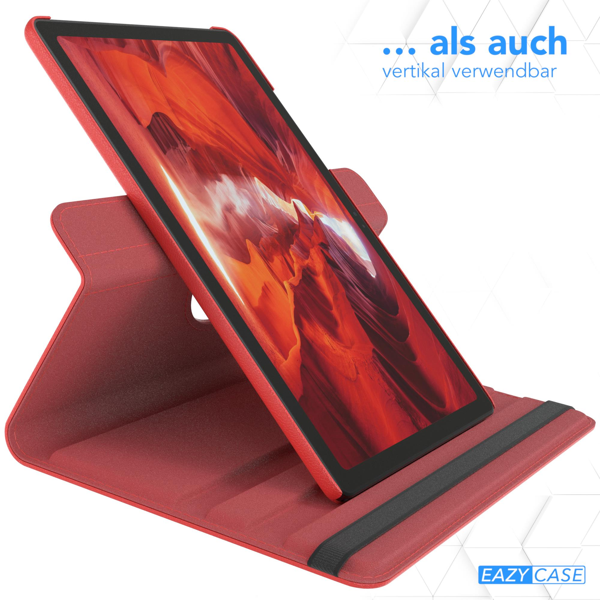 Tablet in rotem Ständer. Text auf Deutsch oben. Das Tablet ist im Querformat aufgestellt.