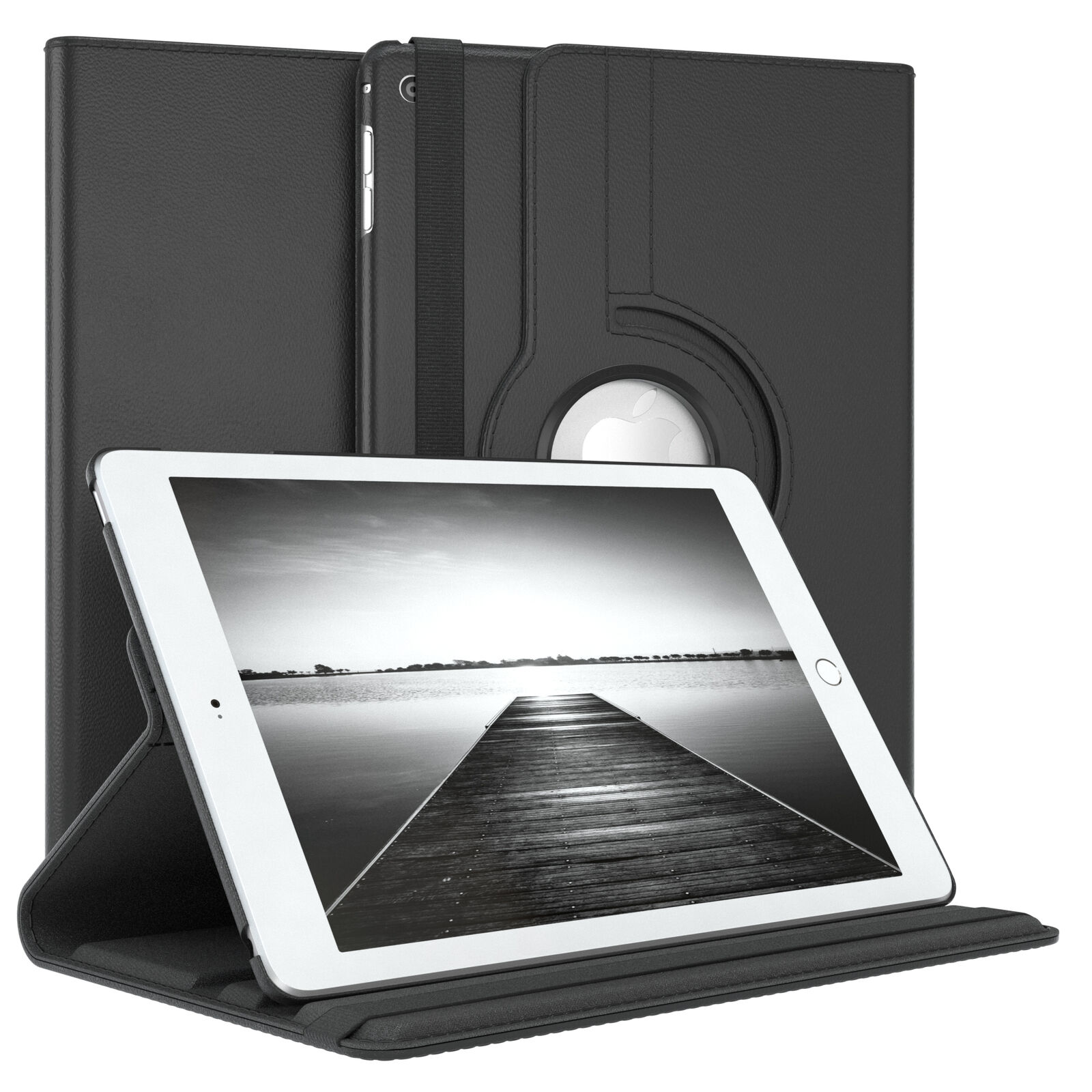 Ein schwarzes Tablet in einem Gehäuse. Es zeigt ein Graustufenbild eines Stegs, der ins Wasser ragt.