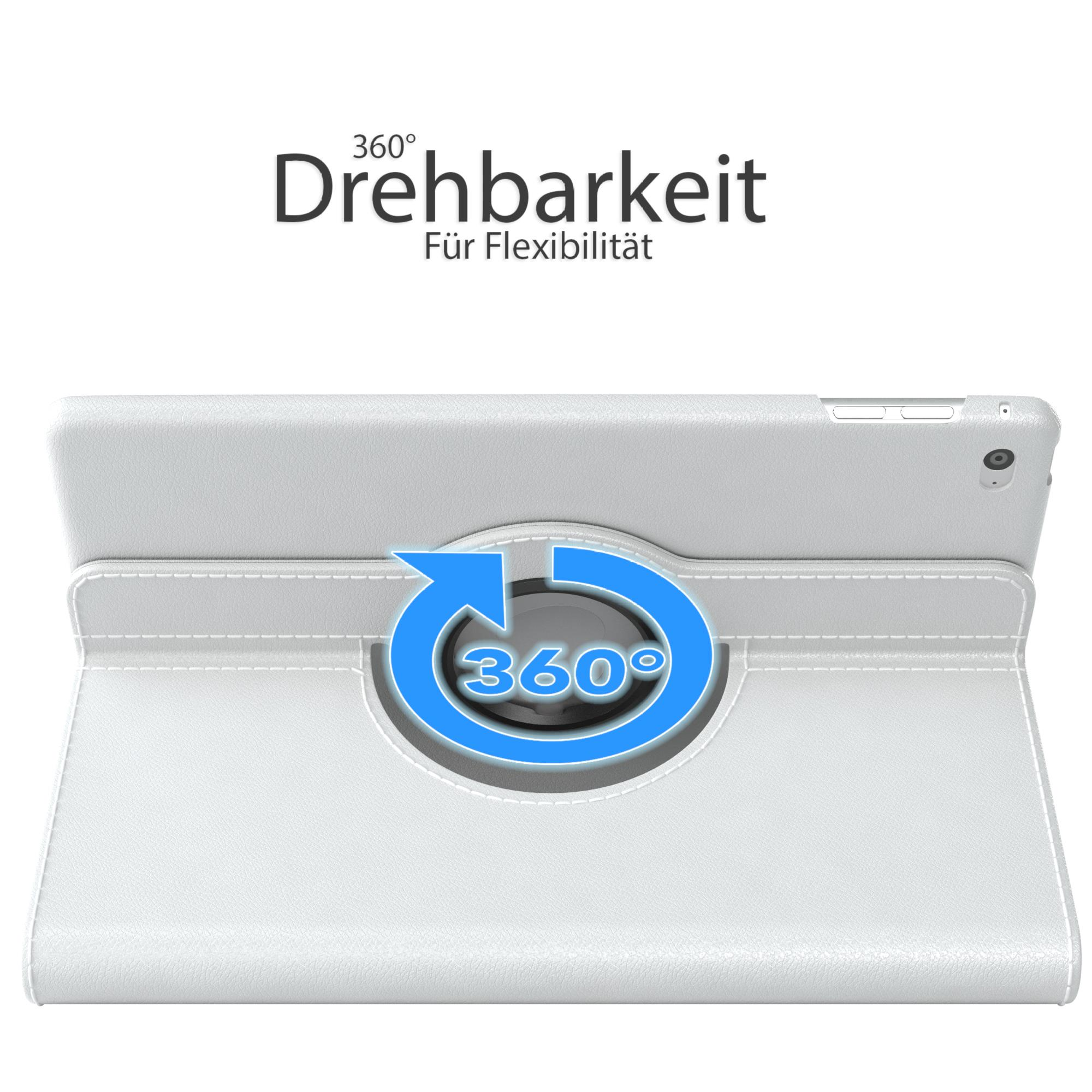 Eine weiße Tablet-Hülle mit 360-Grad-Drehfunktion, mit einem blauen Pfeilsymbol.
