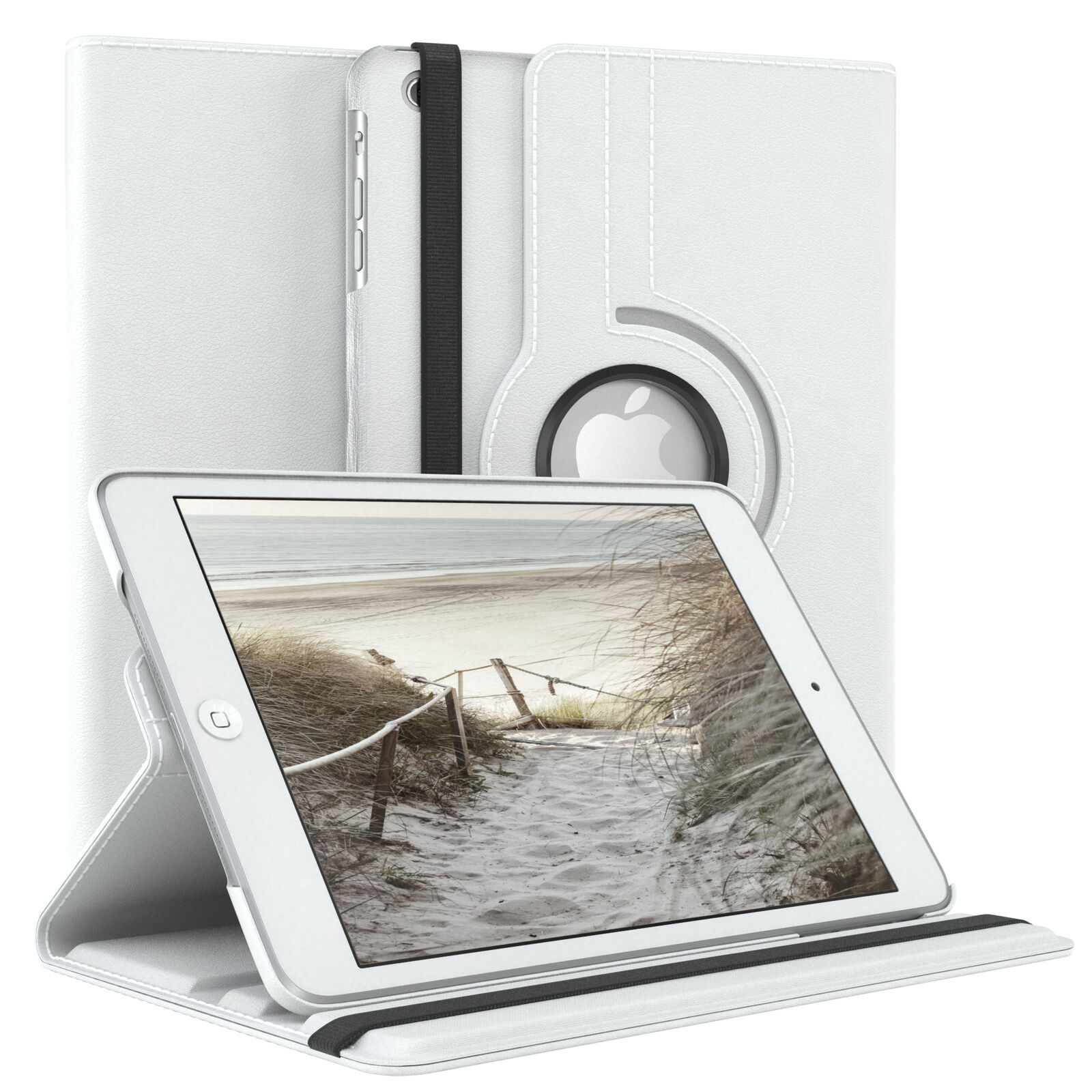 Weißes Tablet in weißer Hülle. Das Tablet zeigt eine Strandszene.