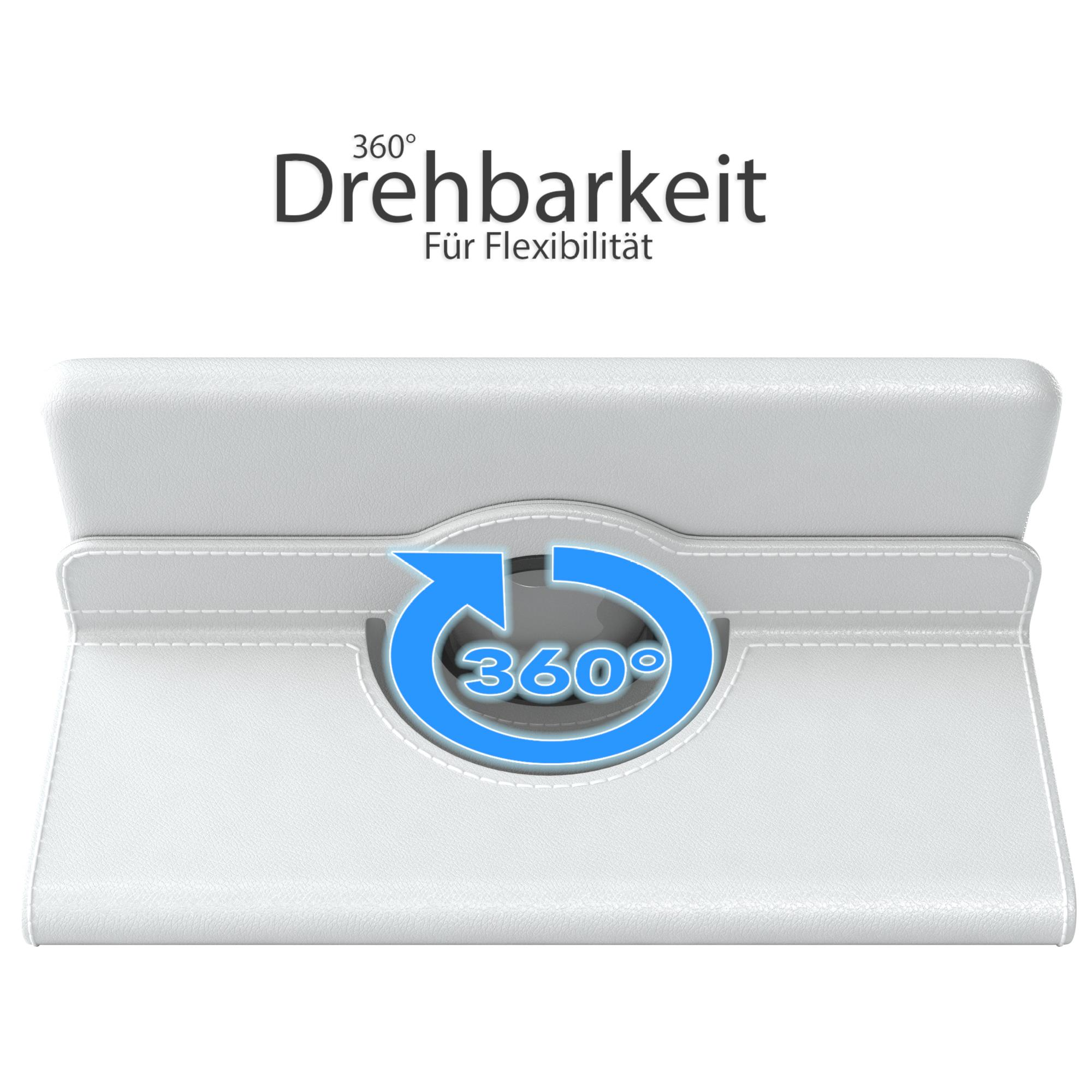 Weiße Tablethülle mit 360-Grad-Rotationssymbol und Text.