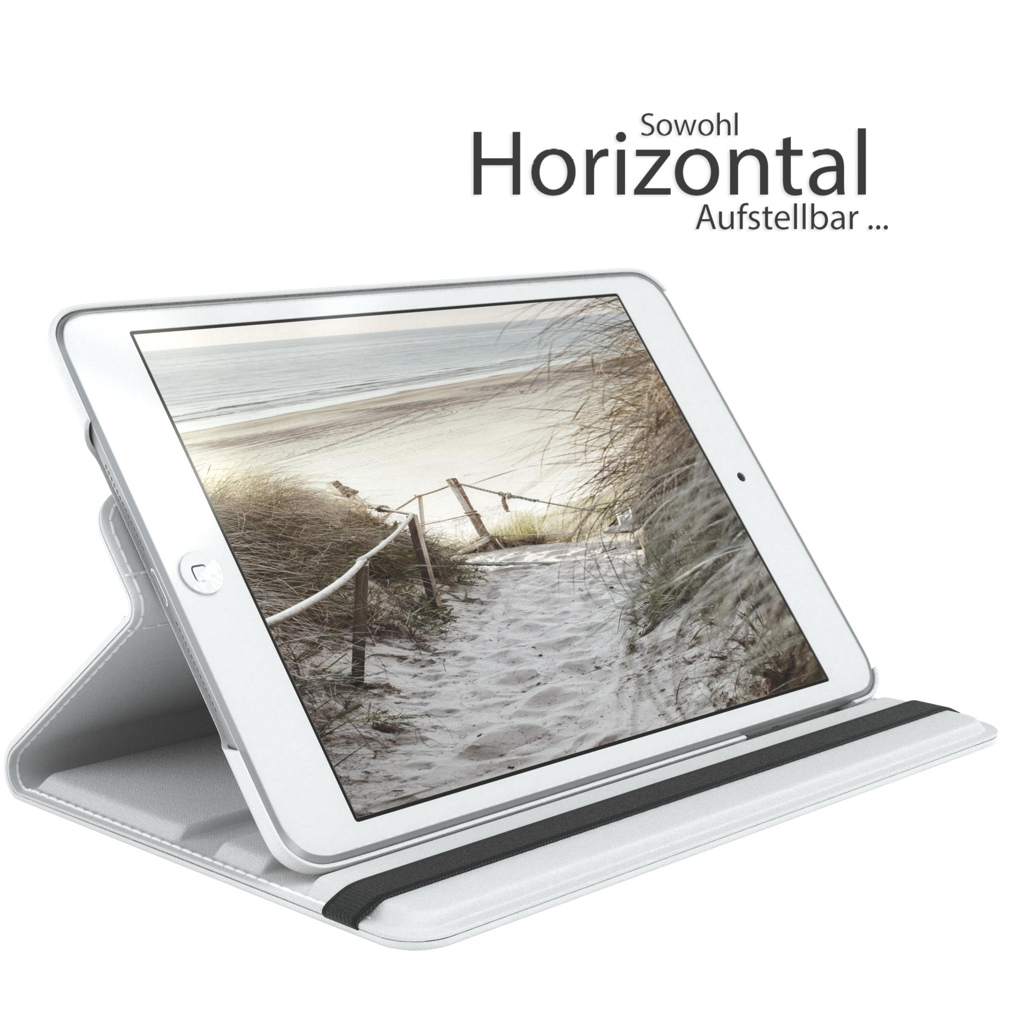 Ein Tablet in einer weißen Hülle steht auf einem Ständer. Auf dem Bildschirm wird eine Strandszene angezeigt.