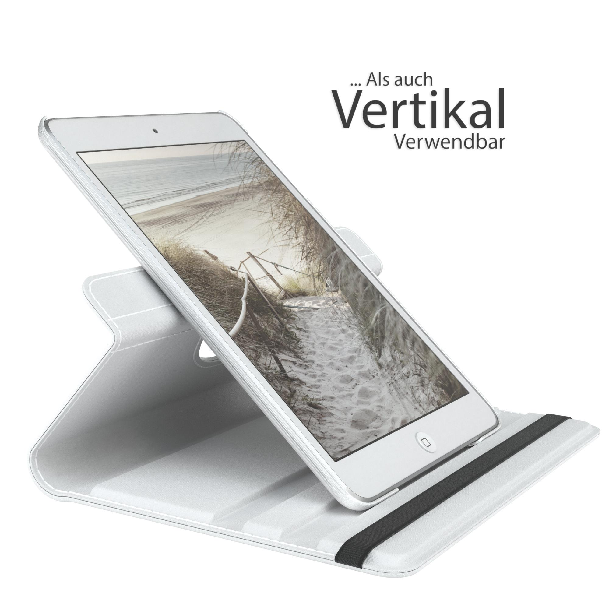 Ein Tablet wird in einem Ständer hochgehalten. Der Text lautet 'Vertikal verwendbar' (vertikal nutzbar).