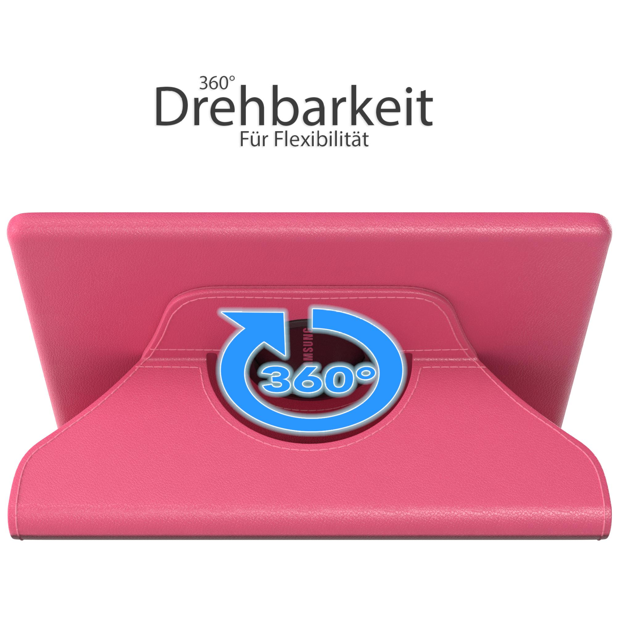 Rosa Tablethülle mit einem um 360 Grad drehbaren Ständer. Text: 360° drehbar, für Flexibilität.