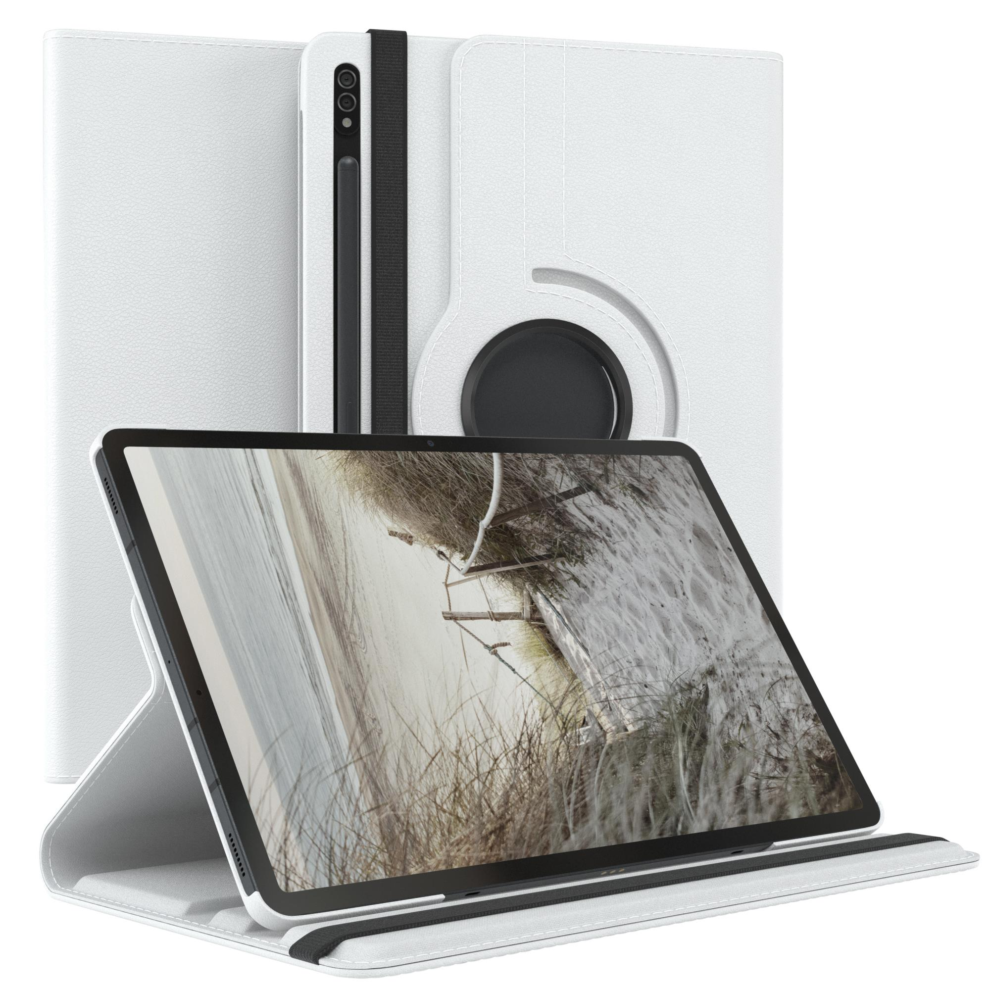 Weiße Tablethülle mit Ständer. Tablet hochgestellt, zeigt eine Strandszene auf dem Bildschirm.
