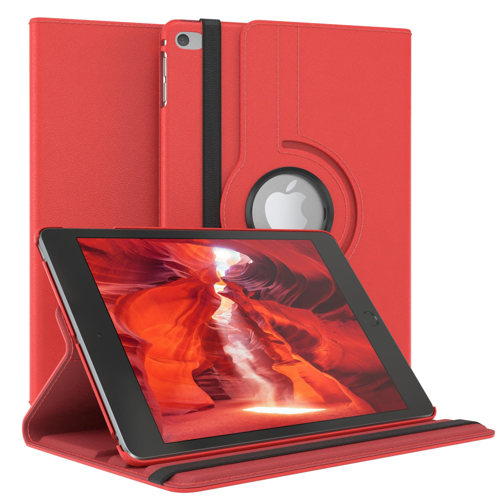 Rote Tablet-Hülle mit Tablet, offen, um den Bildschirm anzuzeigen. Die Hülle hat eine Drehfunktion.