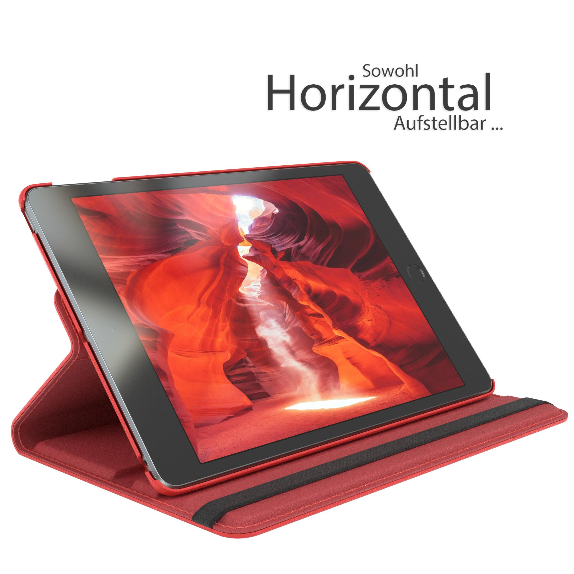 Tablet mit rotem Gehäuse, das ein Canyon-Bild anzeigt. Das Gehäuse ist offen, und das Tablet liegt auf einer Oberfläche.