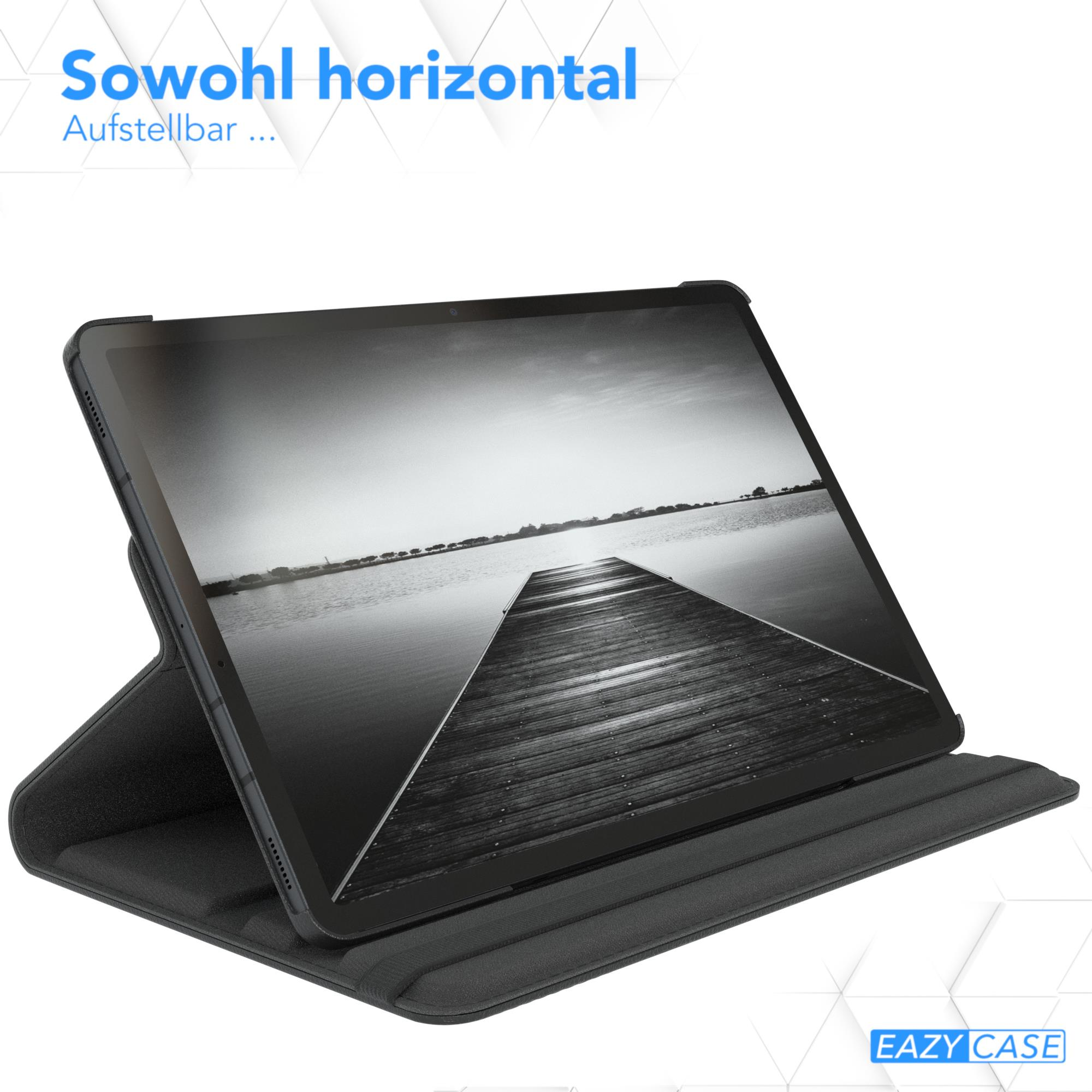 Ein Tablet in einer schwarzen Hülle auf weißem Hintergrund. Der Tablet-Bildschirm zeigt ein Schwarz-Weiß-Bild.