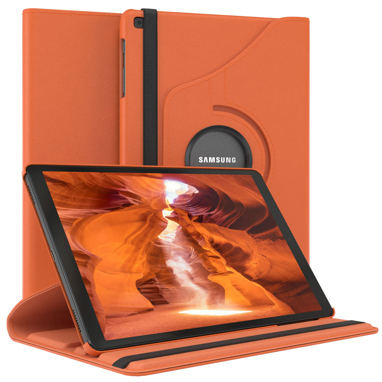 Oranges Tablet in einer orangefarbenen Hülle. Das Tablet ist ein Samsung. Der Hintergrund ist ein Canyon.